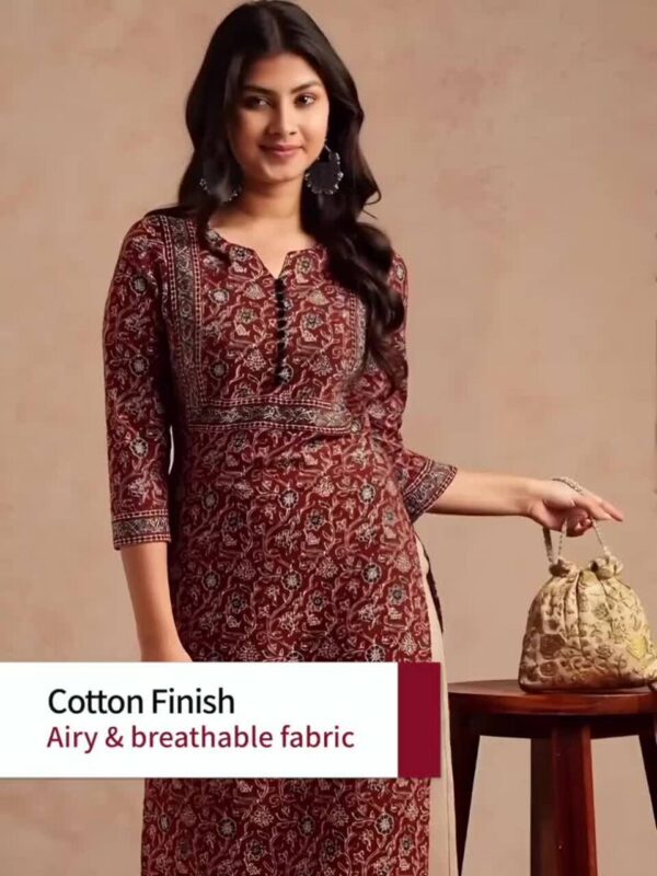 SZN Women Brown Floral Printed With Lace Work Straight Cotton Brown Stitched Kurta